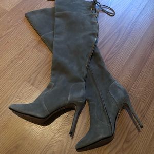 Raye Sage Green Suede Heeled Knee Boots 5.5